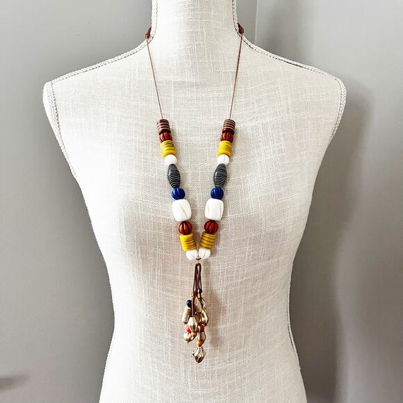 Chico's Wood Beaded and Leather Tassel Necklace - Picture 1 of 7